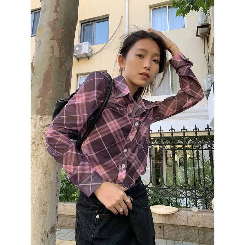 Deeptown Harajuku Plaid Chiffon Blouses Women Y2k Sexy Korean Style Long Sleeve Mesh Shirts See Through Crop Tops Streetwear