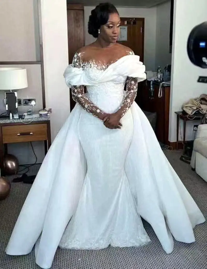 Customized Mermaid Wedding Dresses Detachable Sheer Long Sleeves Bridal Gowns Lace Appliques فساتين زفاف