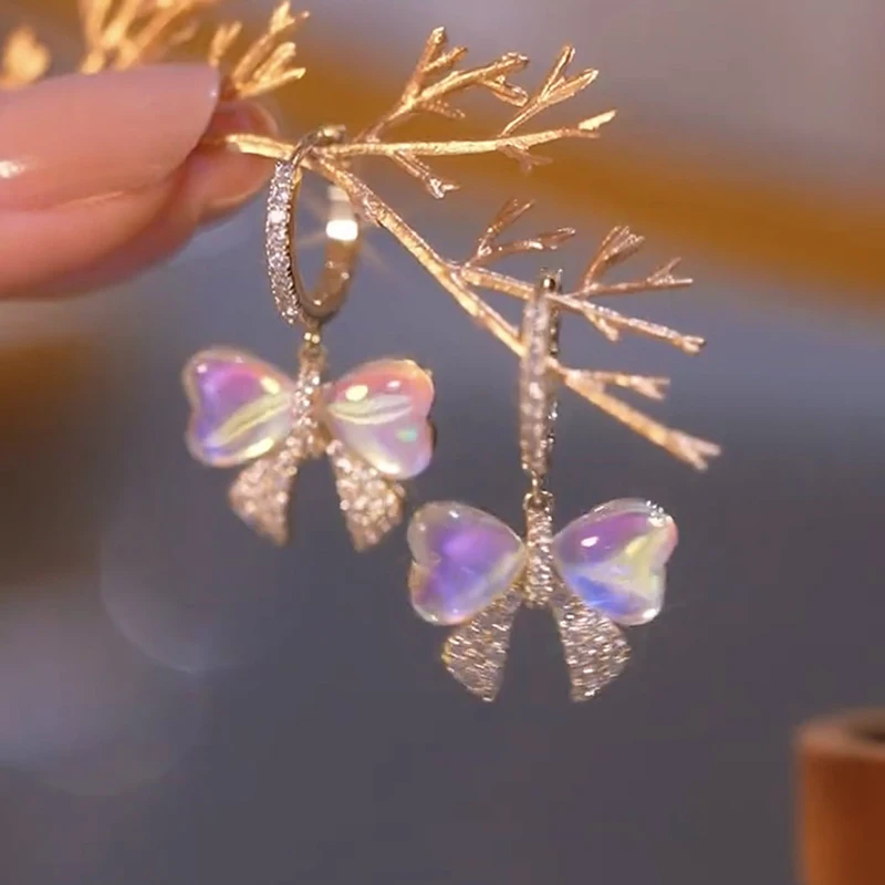 Nueva tendencia de moda, pendientes con colgante de lazo colorido con diamantes de imitación para mujer, temperamento exquisito, joyería de fiesta para niñas, regalo de cumpleaños