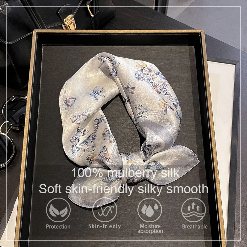 

Luxury 100% Mulberry Silk Scarf Women Butterfly Print Bandana Shawl Lady Neckerchief Handkerchief Female Decorative Wrap 53cm