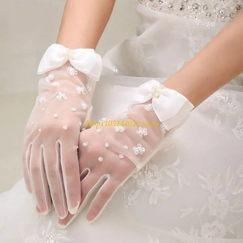N5KE 1920er-Jahre-Opern-Party-Mesh-Vollfinger-Handschuhe mit Schleife für Sonne zum Schutz, Weiß, M – Detail 5