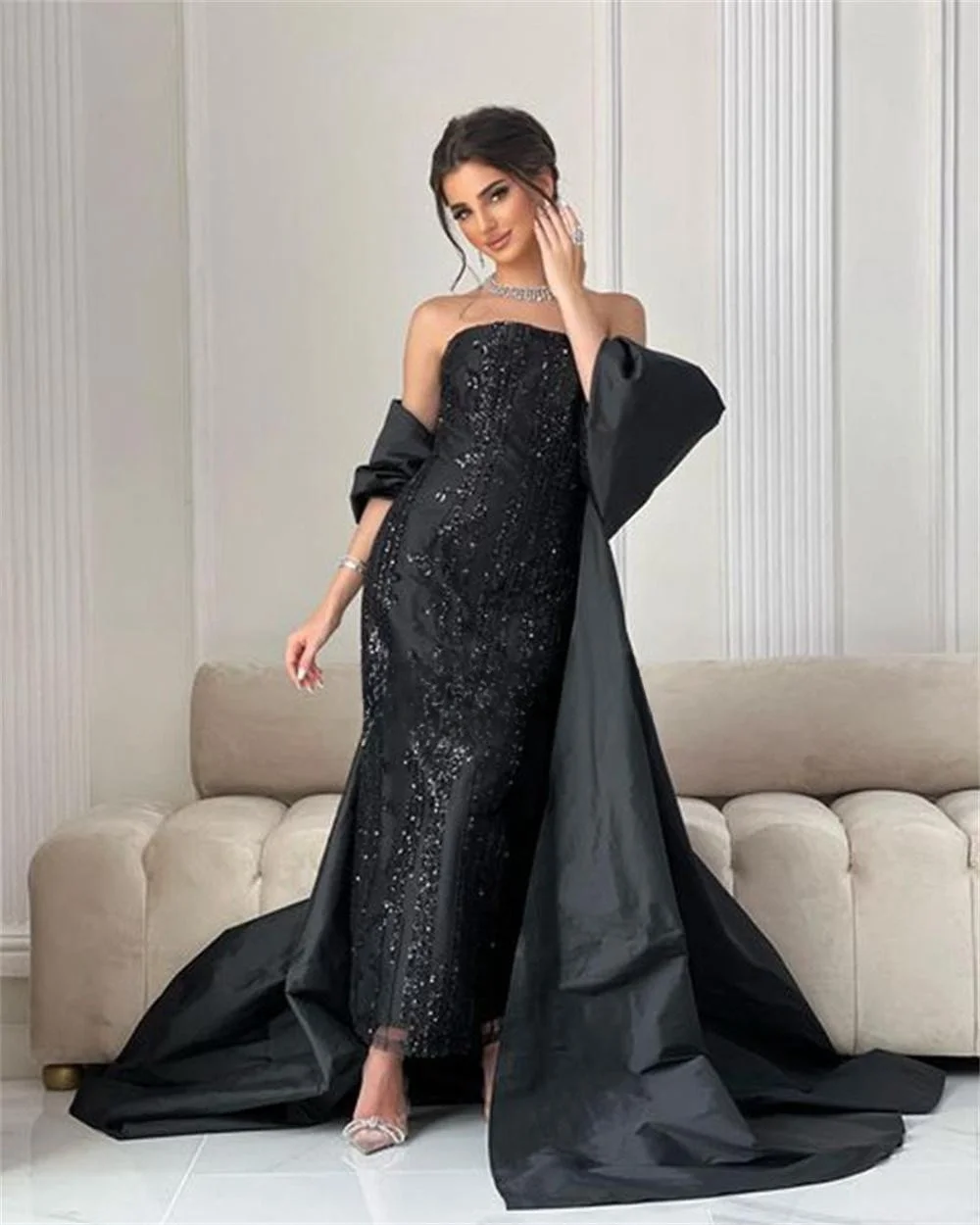 Amanda Black Sequins فساتين السهرة Cape Sleeve Prom Dress Luxury Knee Lenght Vestidos De Noche Straight فساتين مناسبة رسمية