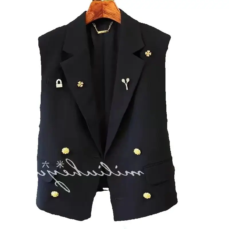 

Женский двубортный костюм, жилет, женская куртка, новинка 2025, весна-осень, модные жилеты, короткий черный пиджак, жилет, женские топы