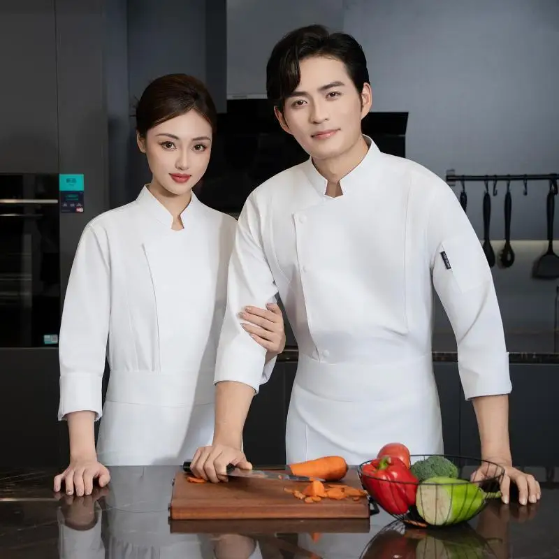 Solid Color Single Row Baking Chef Workwear Long Sleeved Chef Uniform Customized Logo Catering Hotel Kitchen Cooking Jacket Men
