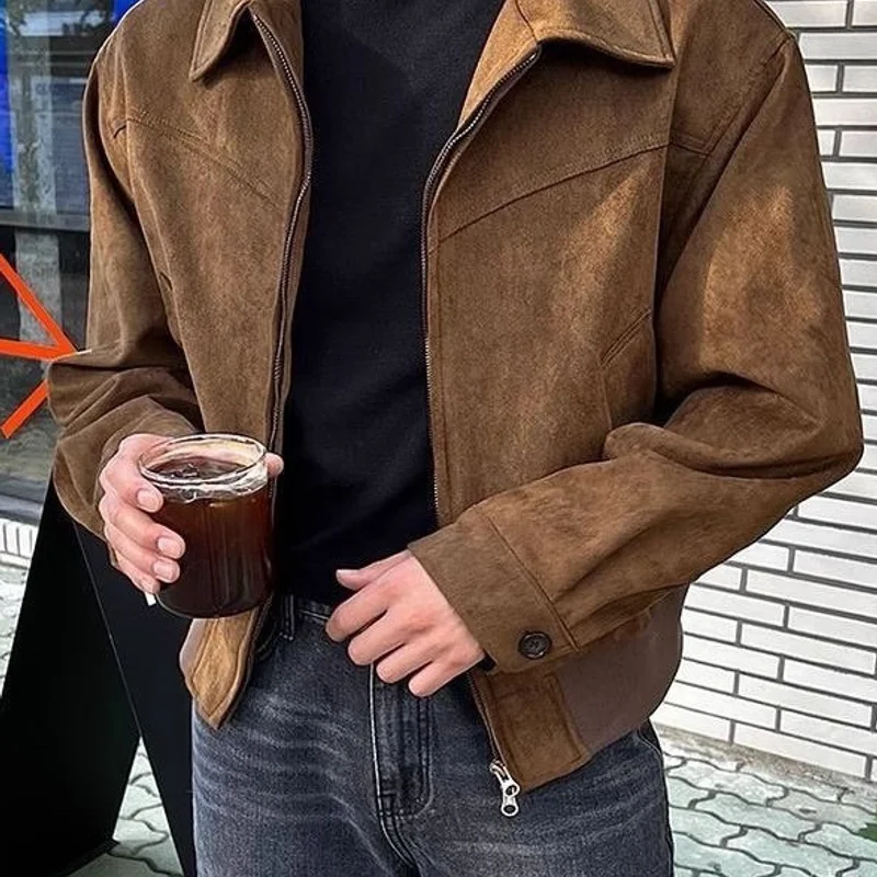 الرجال خمر سترة قصيرة التلبيب الخريف سستة موضة سترة من جلد الغزال أبلى سترة واقية الذكور الملابس الشتاء سترة الرجال