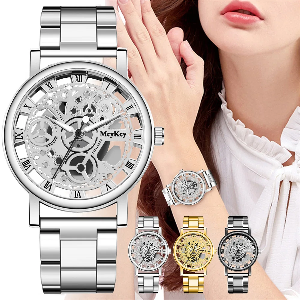 

New Fashion Women Hollow Skeleton Faux Mechanical Watch Ladies Stainless Steel Quartz Wrist Watches For Female Relogio Feminino