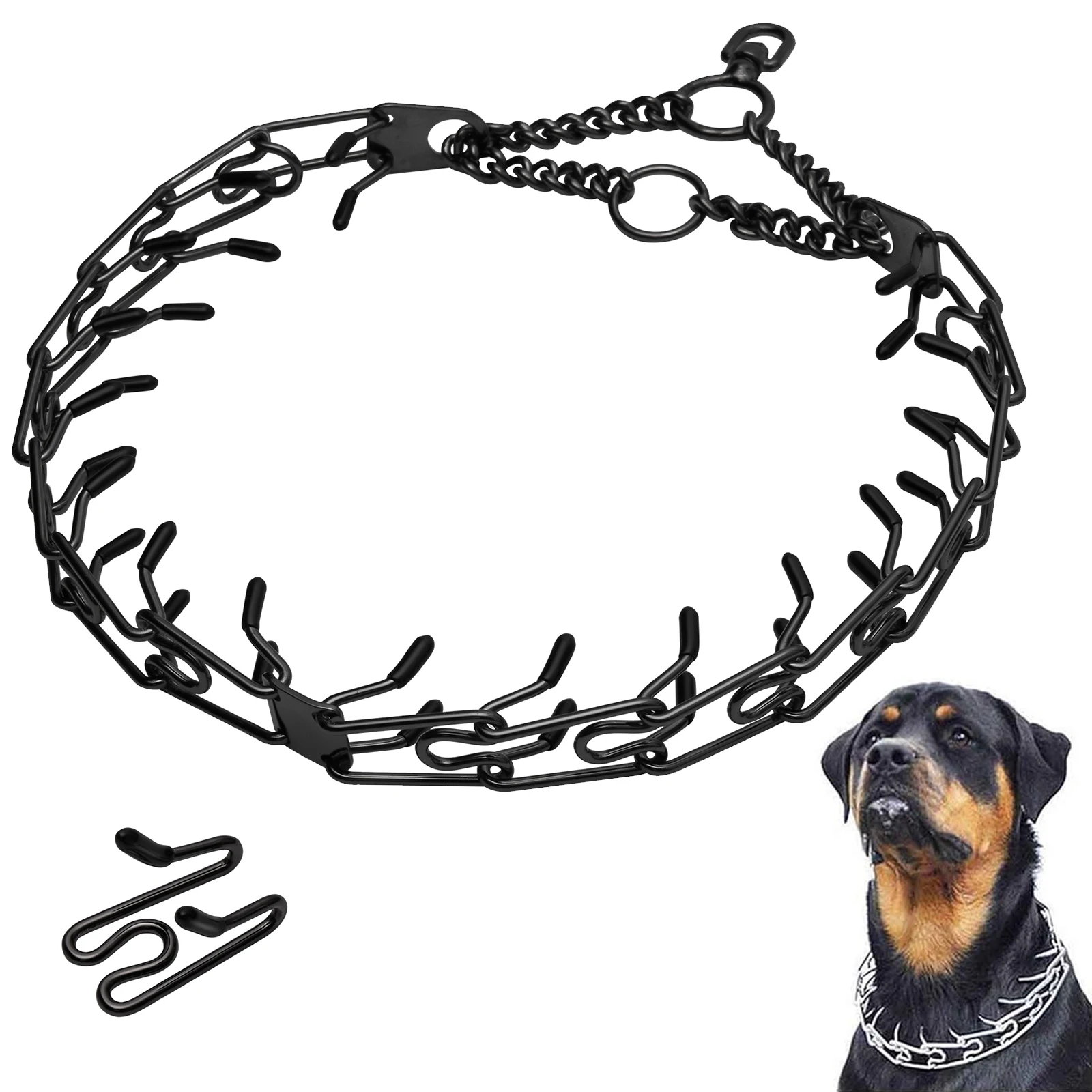 

Training Prong Dog Collar Removable Black Pet Link Chain Adjustable Stainless Steel Metal Spike Necklace with Comfort Rubber Tip