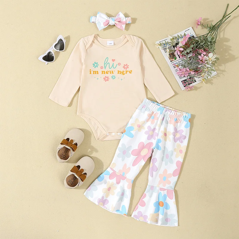 

2024-08-01 Lioraitiin 0-18M Baby Girls Floral Outfits Long Sleeve Romper + Bell Bottoms + Headband Set Newborn Clothes