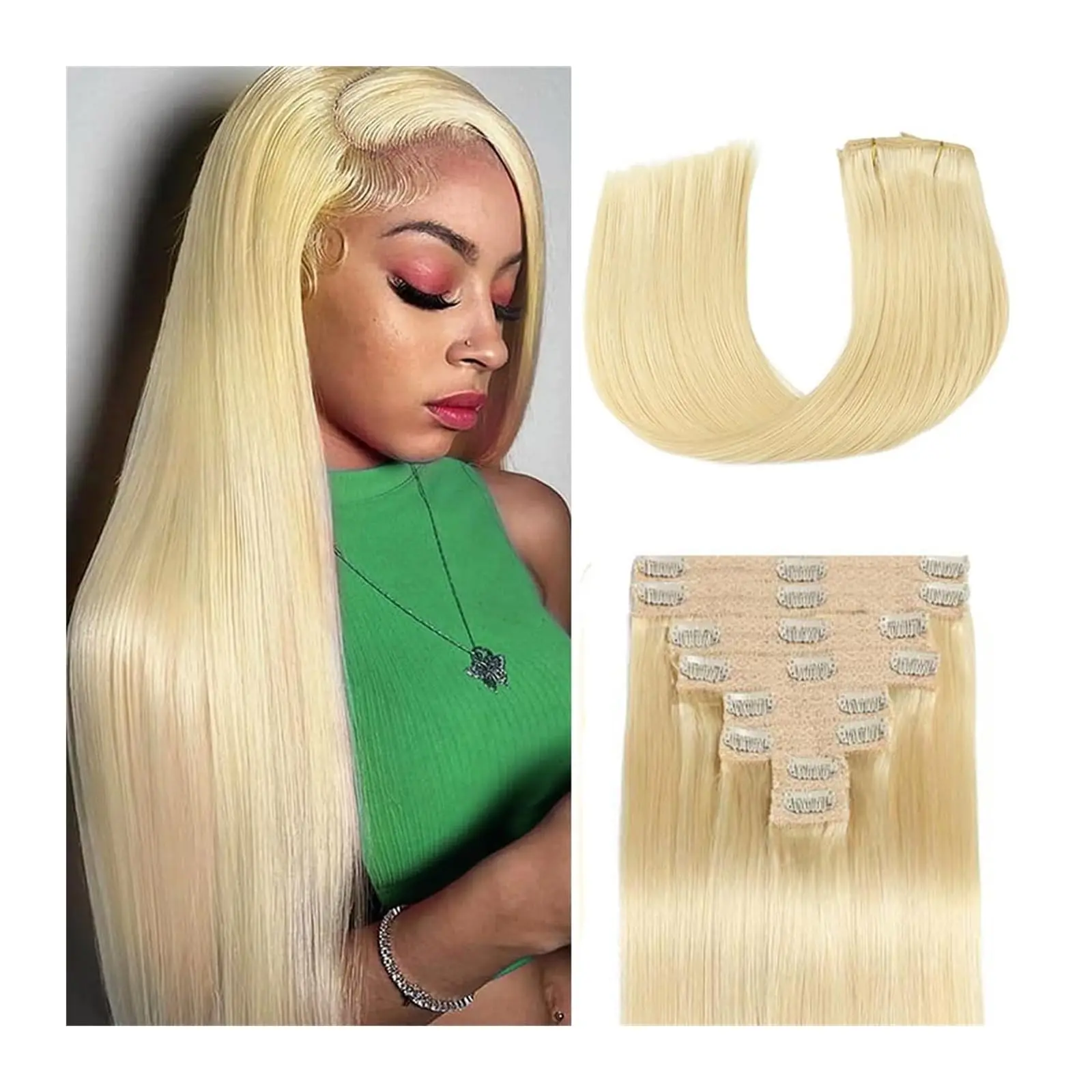 Straight Clip in Hair Extensions Real Human Hair 8pcs 120g Clip ins Women Brazilian Remy Human Hair 26 Inch Bleach Blonde #613