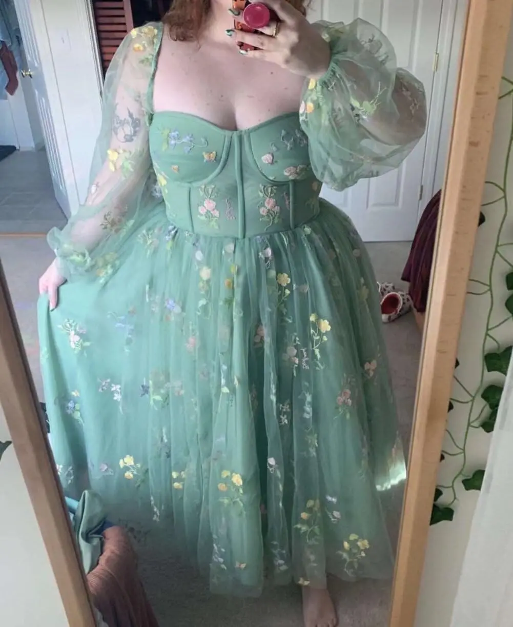 女性の花刺繍チュールウエディングドレス長袖ふわふわボディコン茶丈フォーマルイブニングパーティードレス花レースドレス