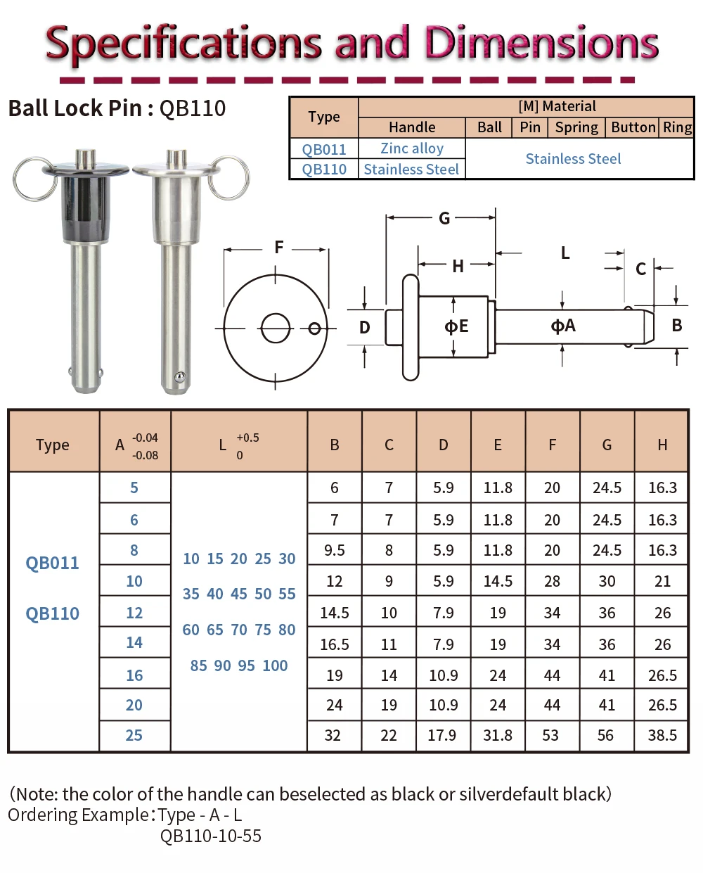 VCN011 M8x35mm Quick Release Ball Lock Pin Button Handle Spring Pin Stainless Steel 100Pcs