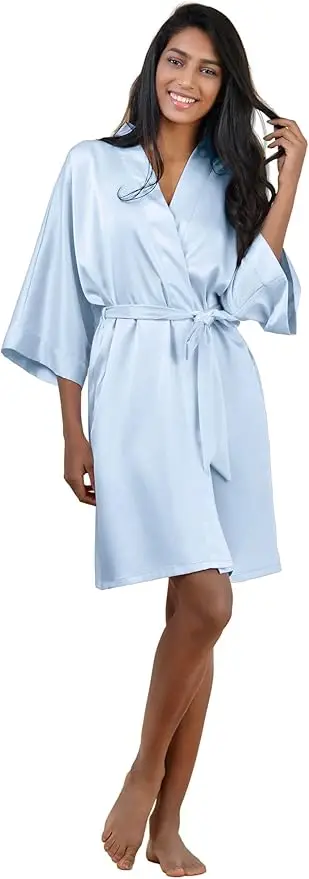 plain Satin Robes hot pink champagne silver Kimono bathrobe Women\'s Simplicity Pajamas Wedding Party robes short S-XXL