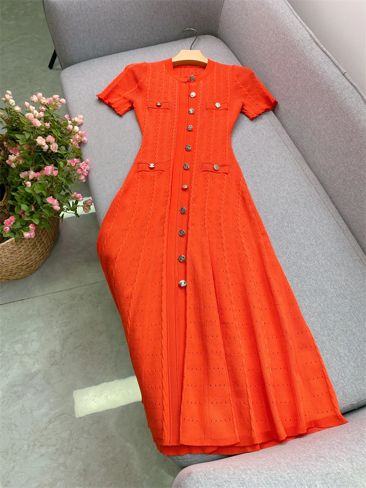 

Zoyoyued Luxury Orange Red round Ne ort Sve Hollow out Knitted Dr Waist Cinched Flounce Hem Commute Sle Summer Dr