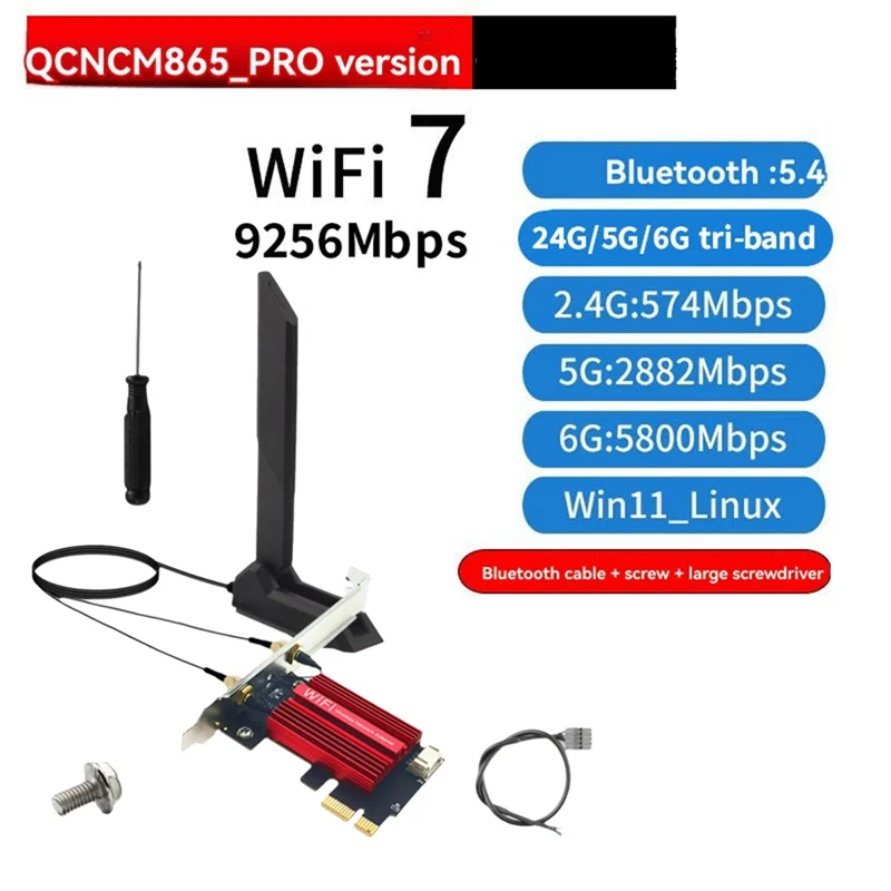 AP-QCNCM865 Wifi 7 PCI-E Adapter Card 9256Mbps Wireless Tri-Band 2.4G/5G/6Ghz BT5.4 Desktop Network Adapter For Win10/For Win11