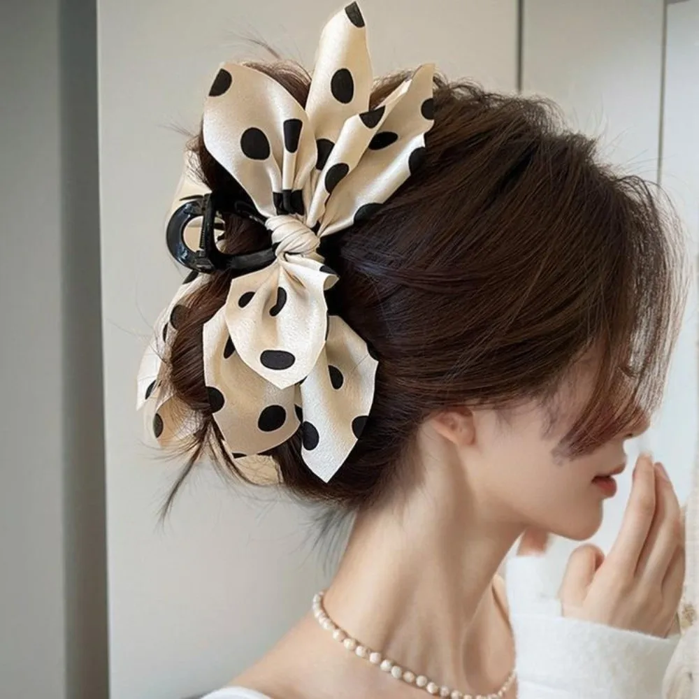 

French Elegant Polka Dot Hair Claw Crabs Satin Bow Shark Clip Bowknot Headdress Women