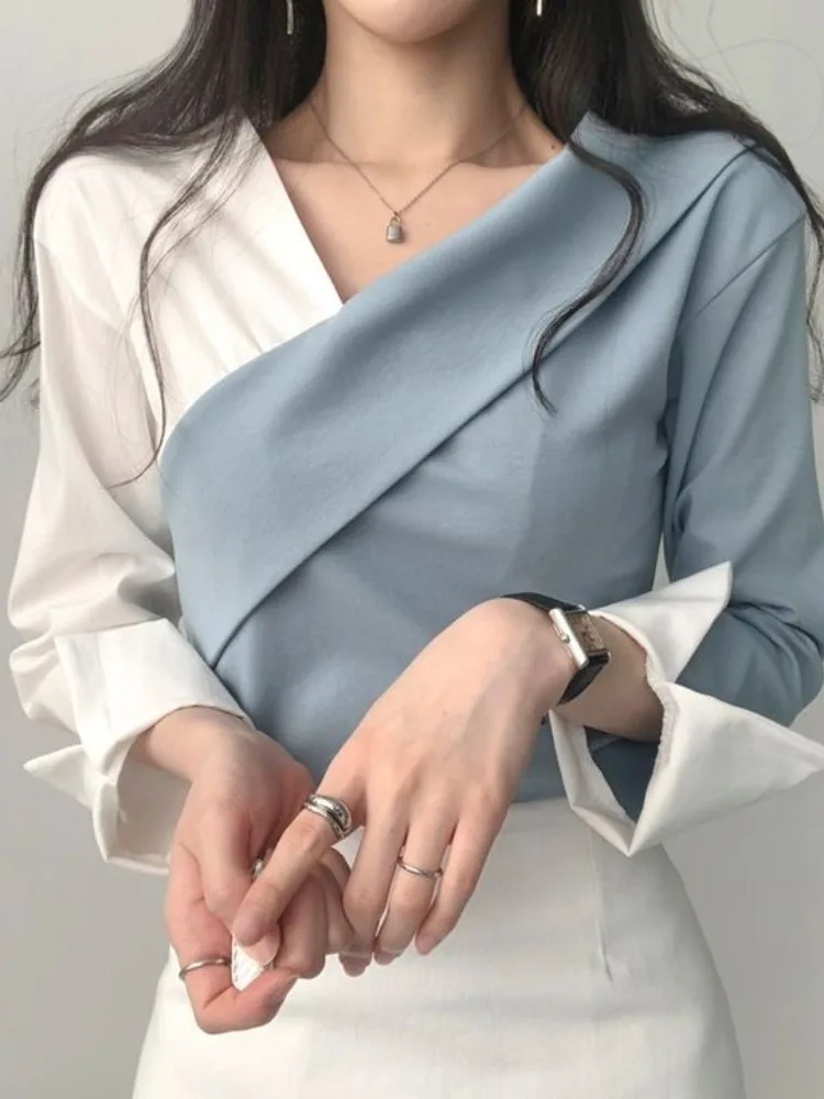 Spring Chic Color Blo Long Sve irt Women's Top Irregular Design Sense Fake Two-Piece Sle Faionable Office Wear
