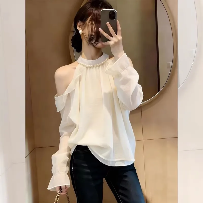 

Элегантная женская блузка оверсайз для весеннего сезона с жемчужным декором на воротнике и подолом, большие размеры, красивый нежный топ