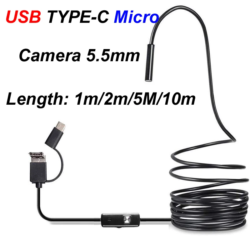 Mini cámara endoscópica USB tipo C, 1m/2m/5m/10m, 5,5mm, Cable duro Flexible suave, inspección por boroscopio para teléfono inteligente Android