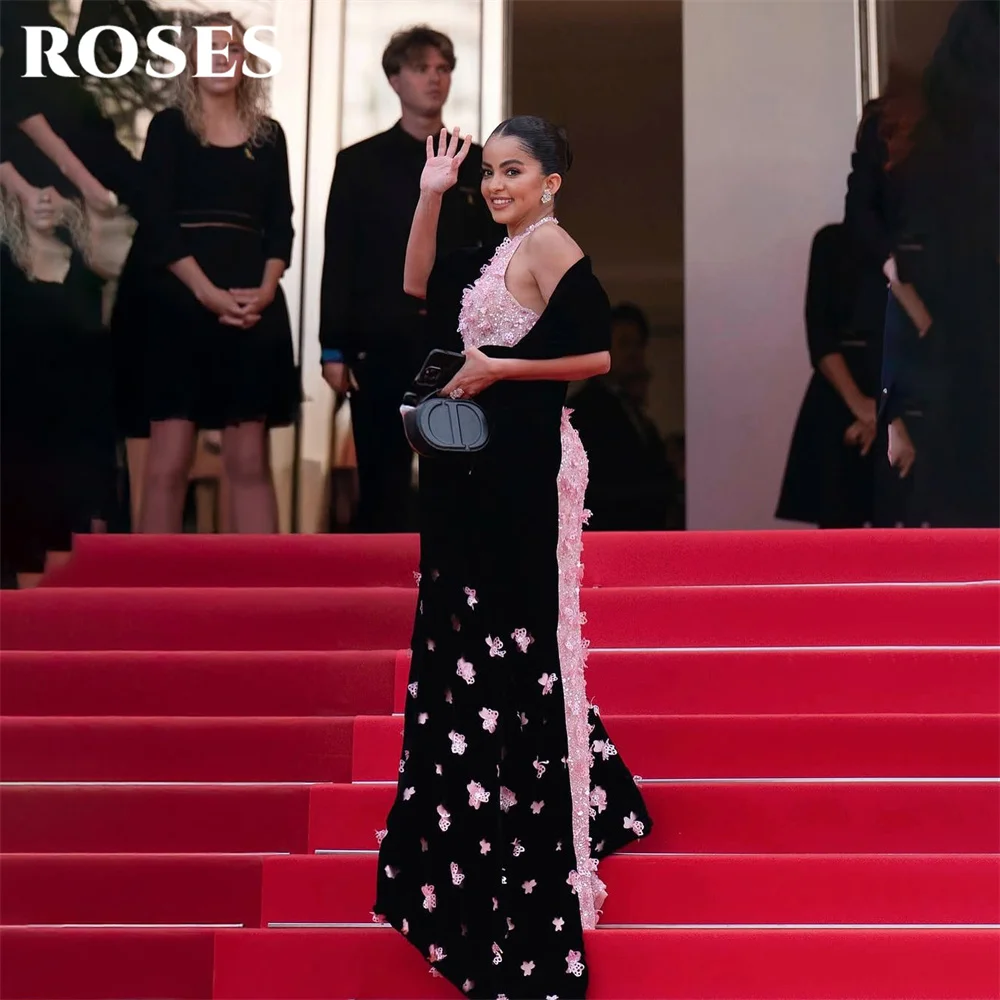 ROSES Pink and Black Evening Dress Halter Neck Prom Dress with Shawl Party Dress Sequin Gala Dress for Women Customized