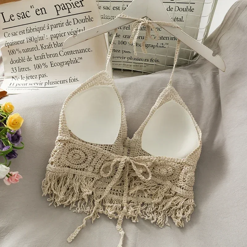 Sexy Beach Holiday Camisole Halter Women Crochet Knit Swimsuit Bra Backless Vest Hollow Tassel Tank Top Women\'s Crop Tops