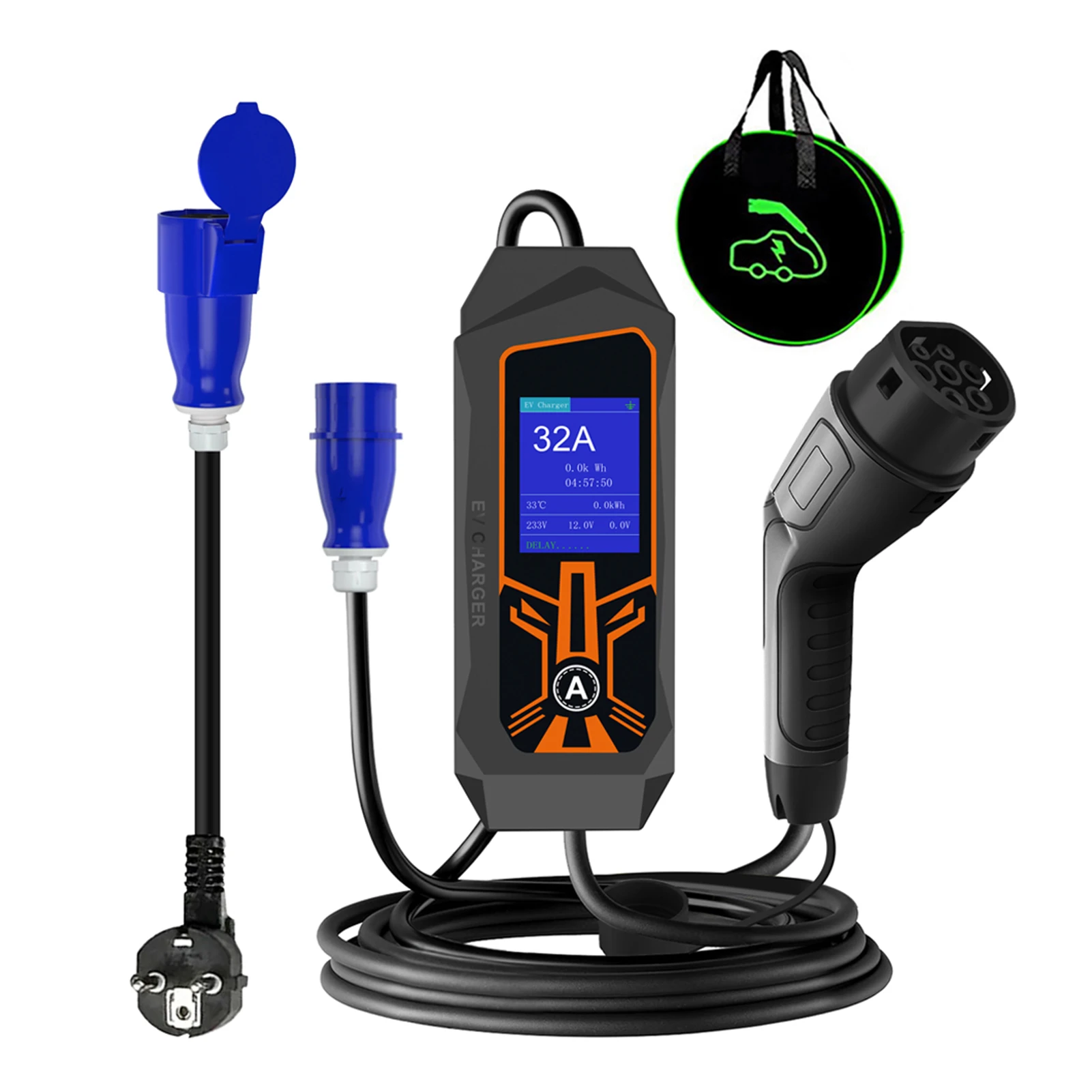 

32A 7KW 5M Single-Phase 3PIN Type 2Charging Cable CEE With LCD Display Portable EV Charger EV