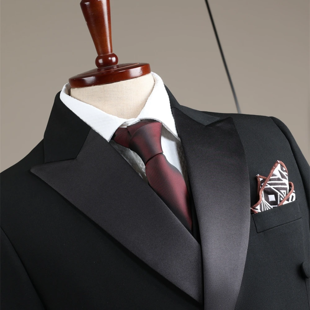 Gentleman Men's Black Suit Set Classy Dancing Party Popular Office Tuxedo Peak Lapel Groom Wear Fast Shipping Premium Outfit