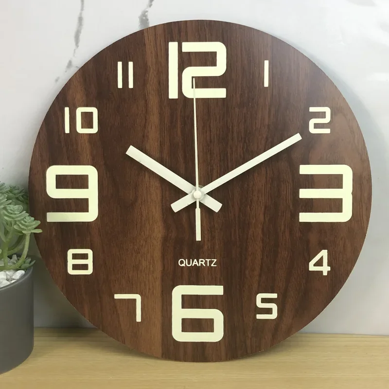 

Luminous Wooden Wall Clock Wooden Board Noctilucent Silent Clock Wood Grain Creative Fluorescent Clocks