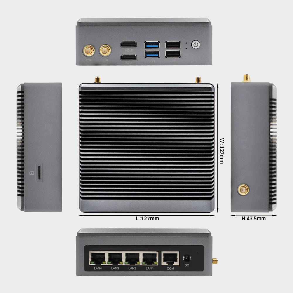 Industrial Fanless PC Aluminum Case Intel J6412 CPU DDR4 RAM M.2 2280 SSD 4 LAN Mini PC With Windows 11 WIFI6 BT5.2