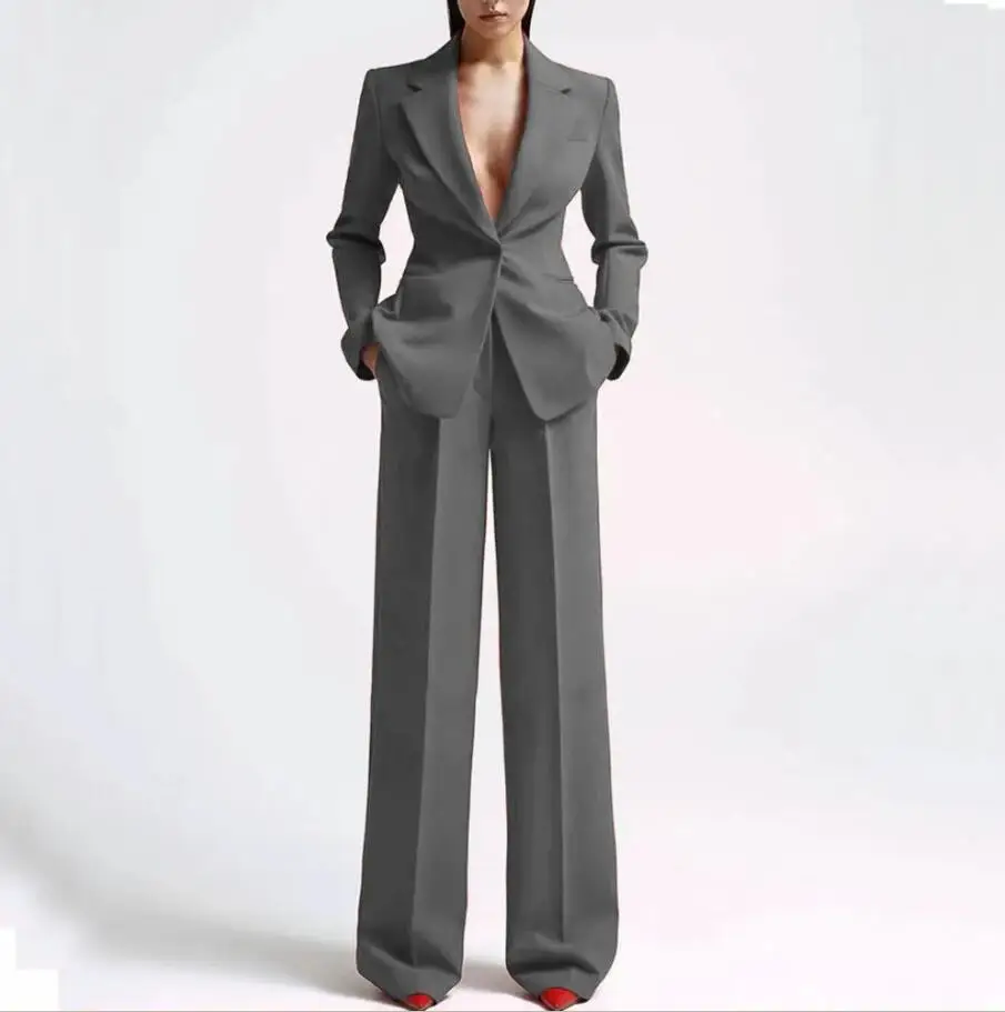 Tesco Single Button Blazer+Wide Leg Pants Suit Sets For Women Solid V Neck Loose Female Pantsuit Custom Made conjunto femininos