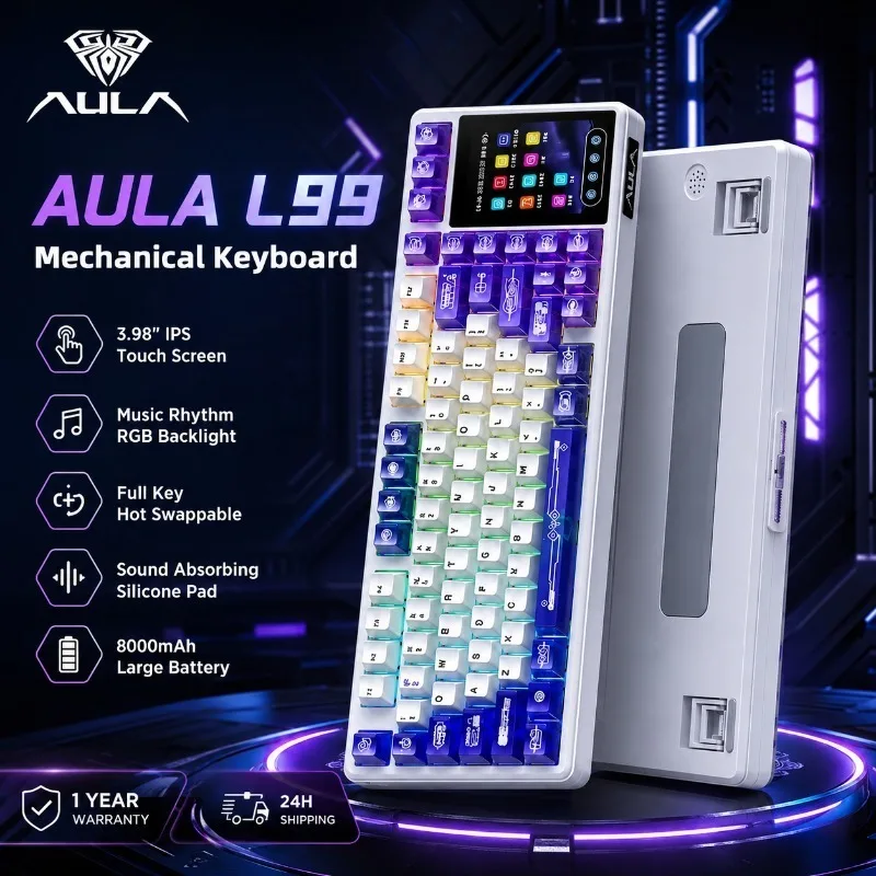 AULA L99 Mechanical Gaming Keyboard Smart Display Wireless Bluetooth Gasket Structure RGB Lighting Hot Swappable Keyboard For