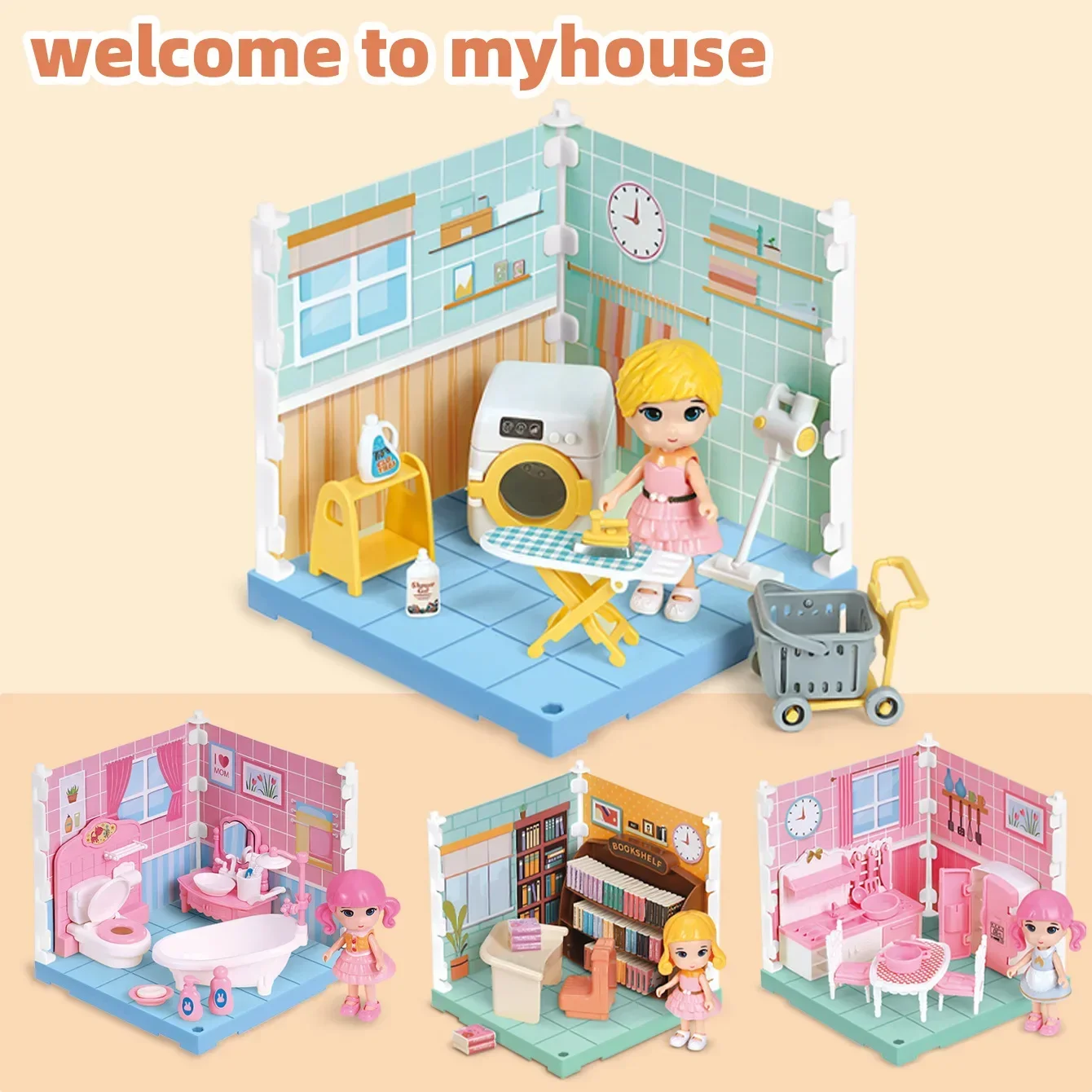 Mini muebles simulados para casa de muñecas, dormitorio, baño, cocina, muebles de estudio, juguetes para jugar a las casitas, juguetes de ensamblaje Diy, regalo de Año Nuevo para niños
