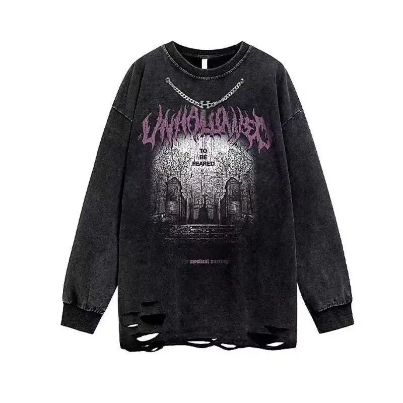 Y2K-ropa de algodón lavada para hombre, camiseta de manga larga con estampado de parodia de calle de estilo estadounidense, camisetas informales con cuello redondo, ropa técnica negra