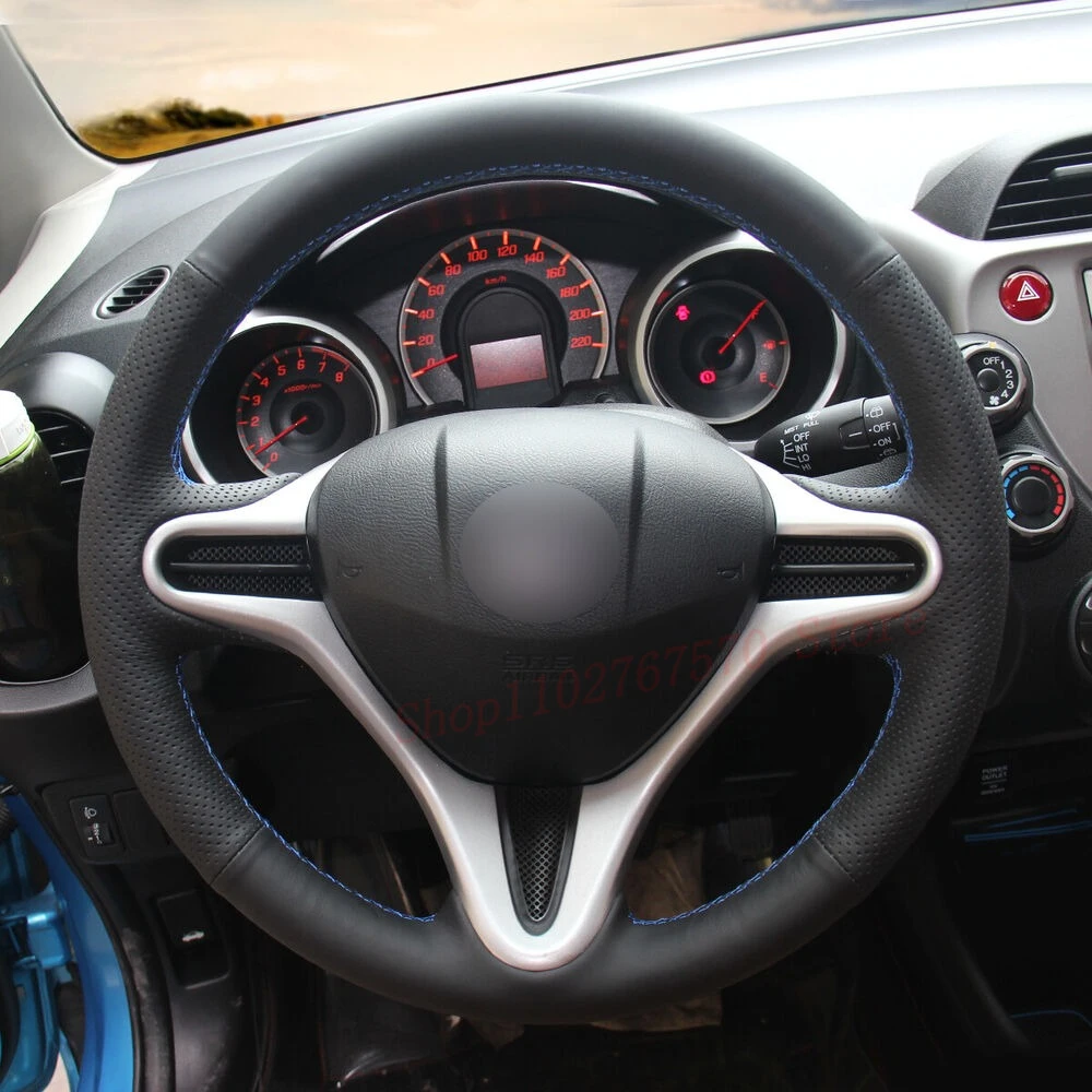 

DIY Hand Sewn Black PU Leather Steering Wheel Cover Anti Slip Wrap for Honda Fit Insight 2010-2014 Car Interior Accessories