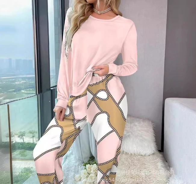 Spring 2024 Pajama Set Elegant Sexy Women Long Sleeve Loose Fitting Solid Color Long Sleeve Pajamas + Printed Pants 2 Piece Set