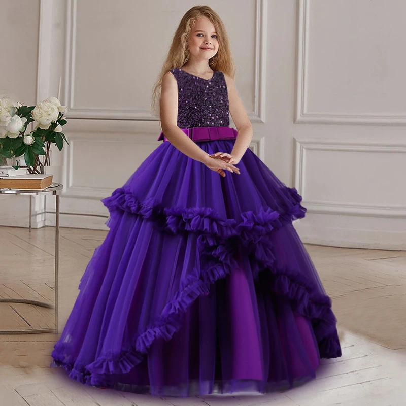 Girl\'s Dress 2024 New Girl\'s Sequin Princess Dress 5-14 Years Old Fashionable Bow Fluffy Dress Banquet Wedding Flower Girl Dress