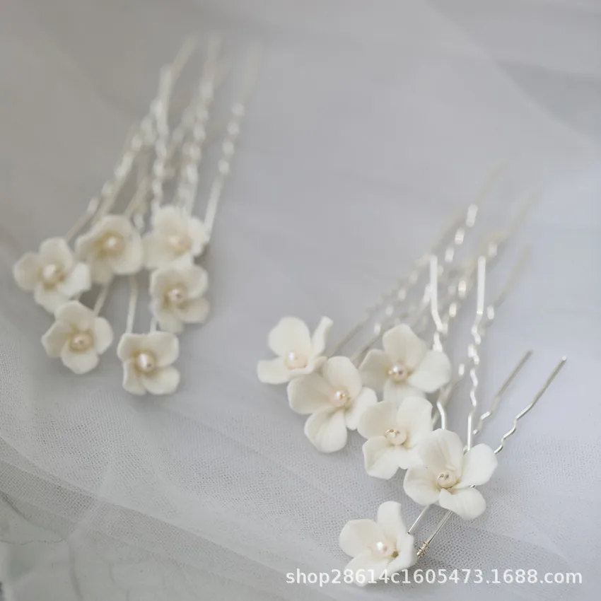 Ceramic Flower Hairpin U-shape Pearl Hair Clip Bride Prom Headdress Fashion Wedding Hair Accessories Lady Marriage Hair Jewelry