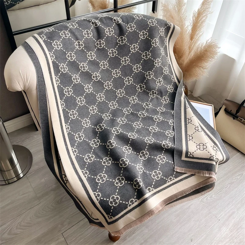 Double-Sided Luxury Brand Print Winter Scarf Cashmere Thicken Warm Women Shawl Pashmina Female Foulard Wrap HIjab Neckerchief