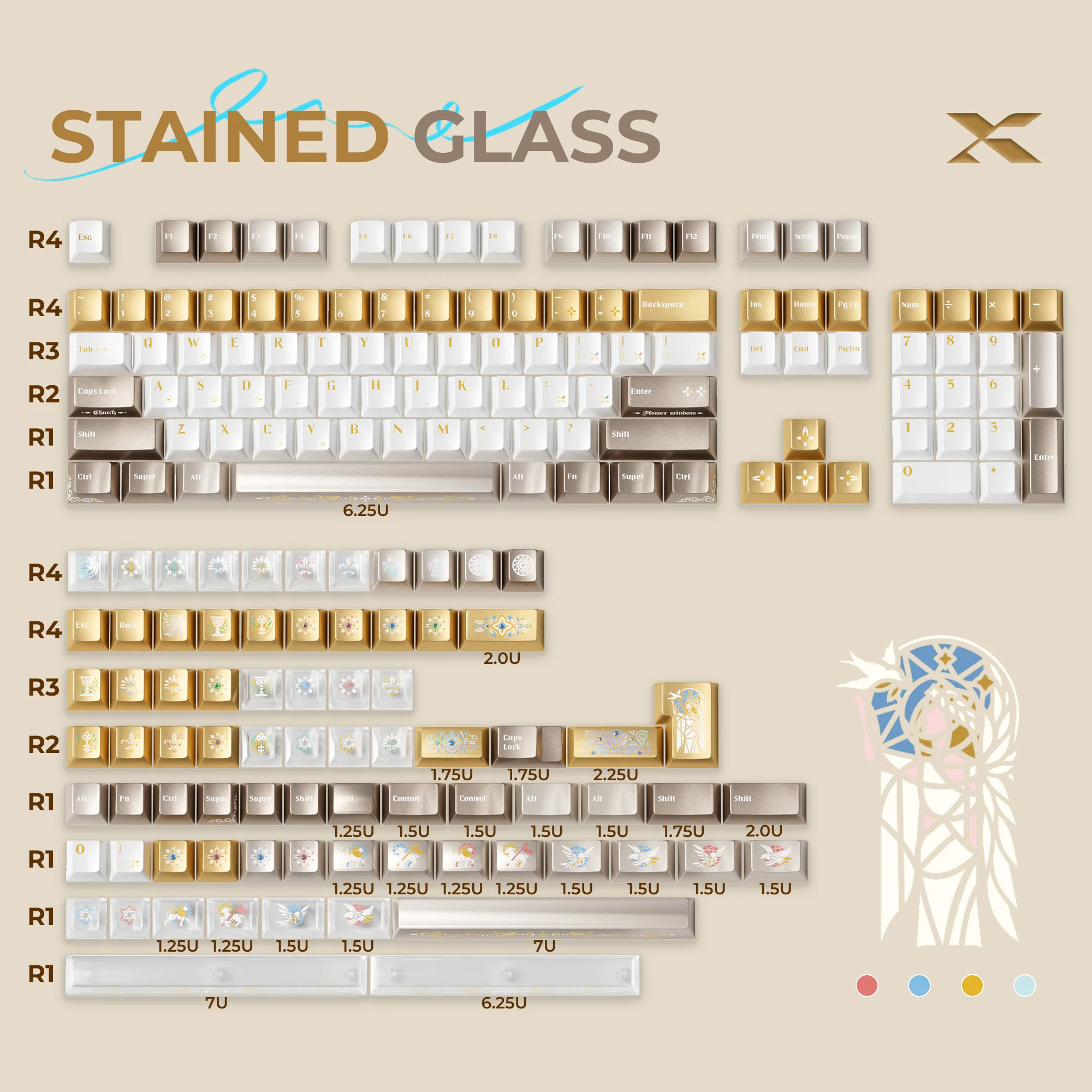 XVX Stained Glass Cherry Profile PBT+PC 181-Key Keycap Set White and Gold