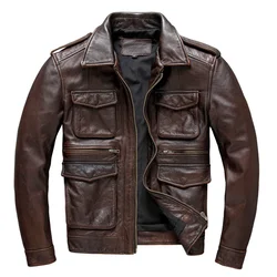 Heavy Industry M65 Hunting Cowhide Leather Jacket Men's Tooling Vintage Red Brown Genuine Leather Coats Plus Size