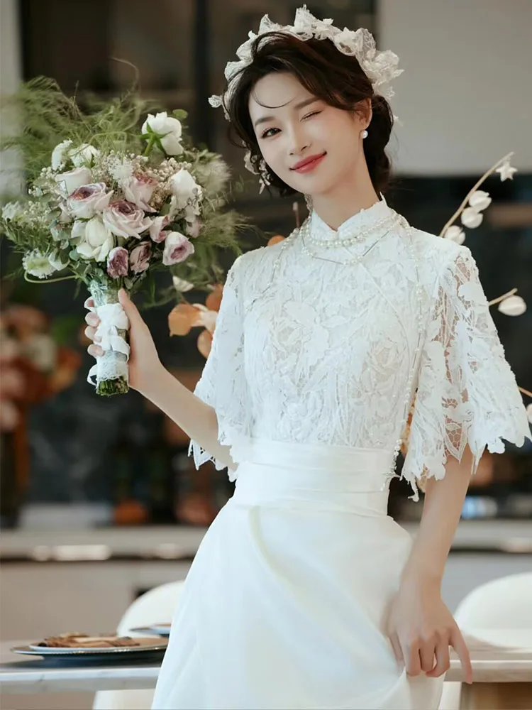 

Новое китайское свадебное платье Ele ort Sve Long Dr из кружева и атласа для помолвки и свадьбы