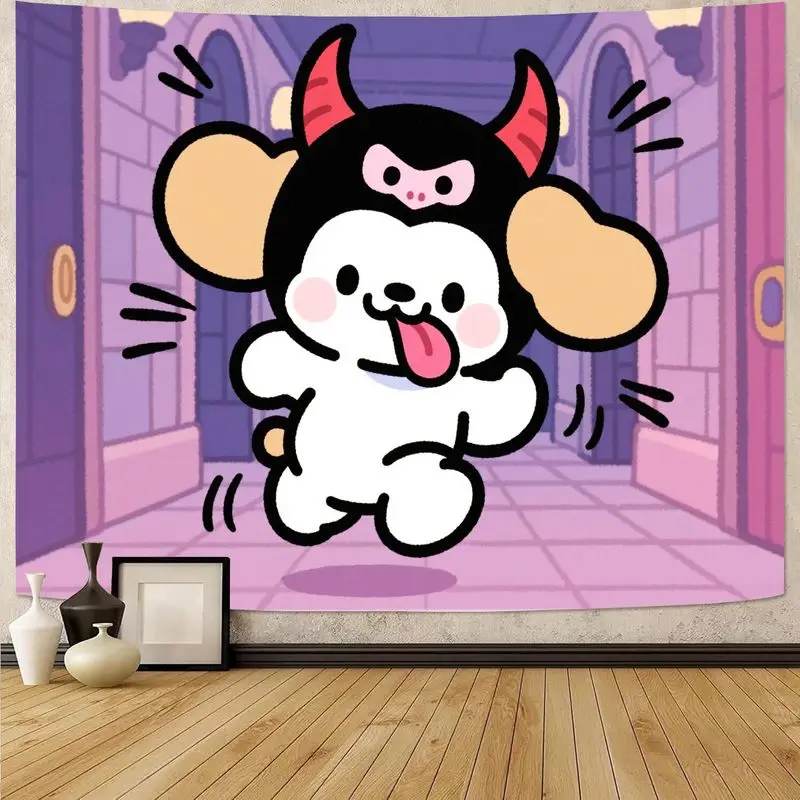 

1PC Kawaii Horned Puppy Tapestry, Cute Mischievous Dog Wall Art, Purple Pink Aesthetic Polyester Decor for Bedroom Living Room G