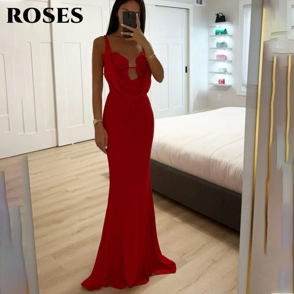 

ROSES Red Sexy Prom Dresses Deep V-Neck Spaghetti Straps Prom Gown Satin Hollow Formal Gown for Woman robe de bal Customized