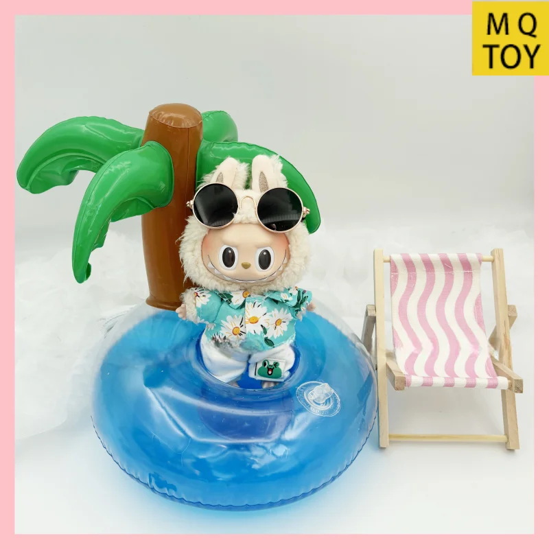 Accesorios para Labubu de 17cm, colgante, ropa para niños, accesorios para muñecas, accesorios de escena circular de natación de árbol de coco de verano