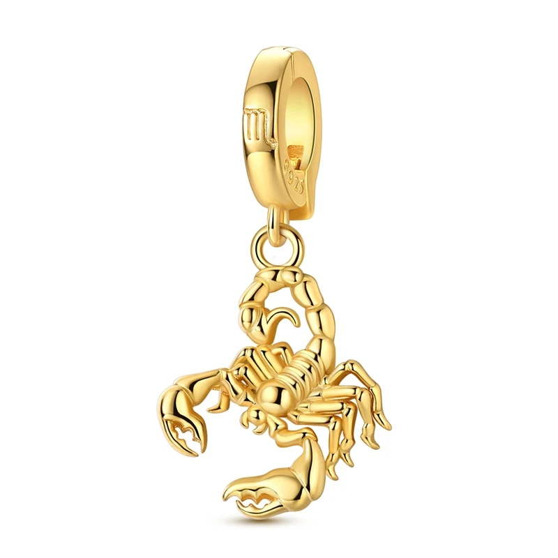 

925 Sterling Silver Charms Bead CZ Zircon Golden Scorpio Dangle Fit Original Bracelet DIY Women Jewelry Gift