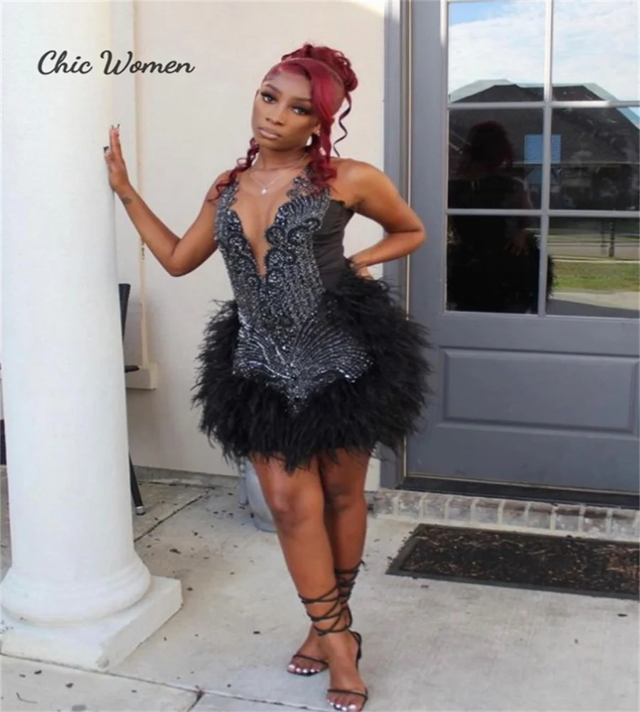 Beautiful Black Feather Prom Dress With Crystal Beaded Black Girls Baddie Birthday Dress Mini Short Cocktail Party Gown Evening