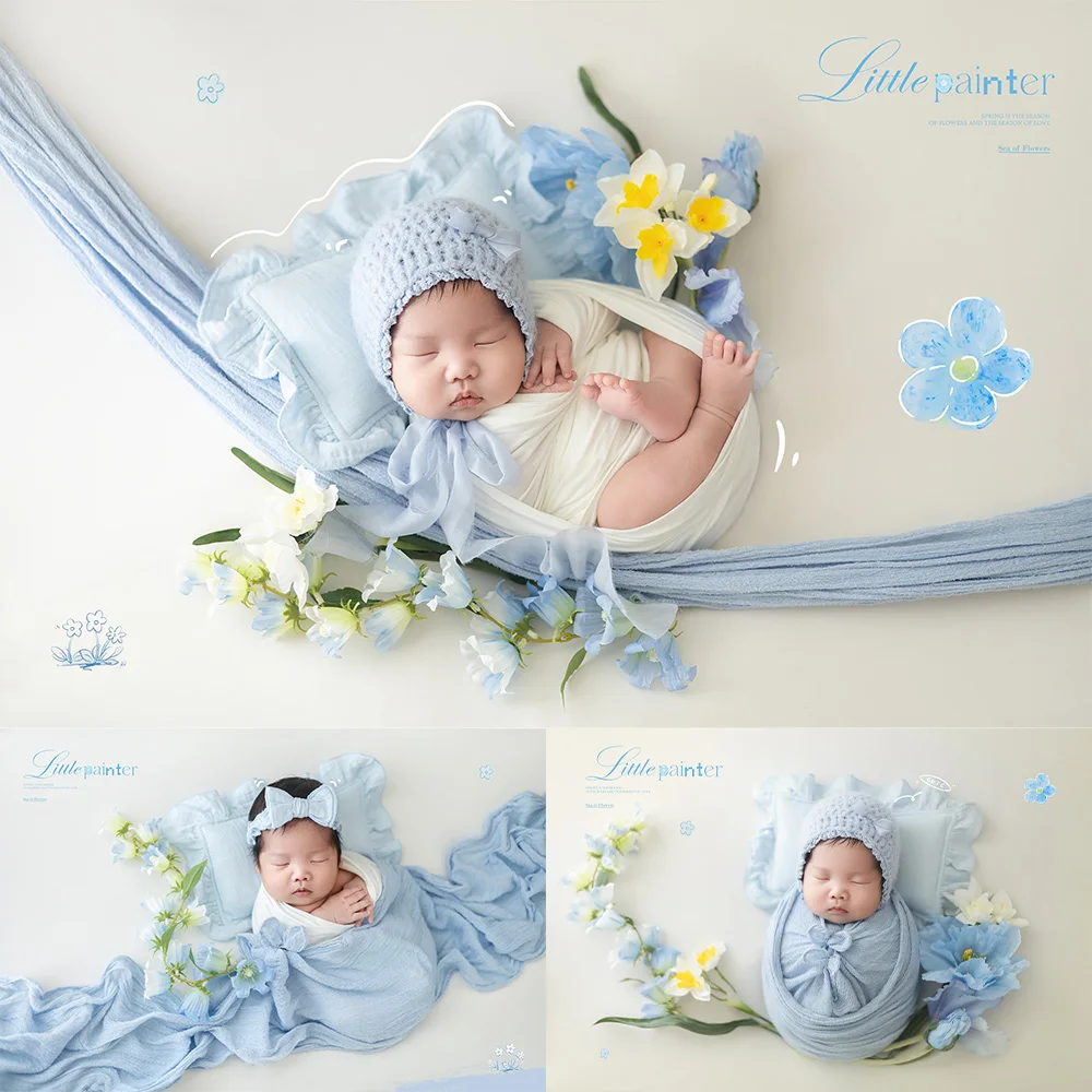 

Newborn Photography Props Blue Floral Theme Baby Swaddle Wrap Set Bow Headband Floral Decor for Baby Studio Shooting Accessories