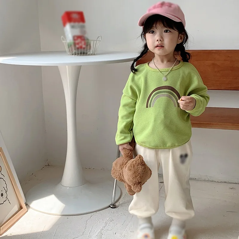 Spring Cotton Solid Sweatshirt for Boy Girls with Rainbow Long Sleeve Waffle T-Shirt Crew Neck Bottom Shirt Casual Outing Tops