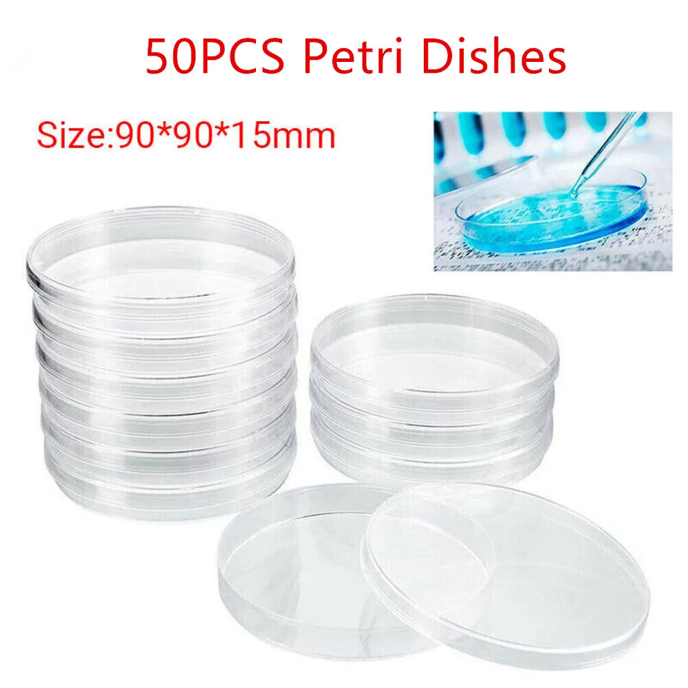 50Pcs Plastic Sterile Petri Dishes Bacteria Culture Dish with Lids 90x15mm for Laboratory Biological Scientific School Supplies