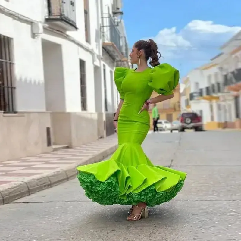 2025 Neon Green Prom Gowns Mermaid Fluffy Women Maxi Dress Fluorescent Color Ruffled Tulle Half Sleeves Flare Party Dresses