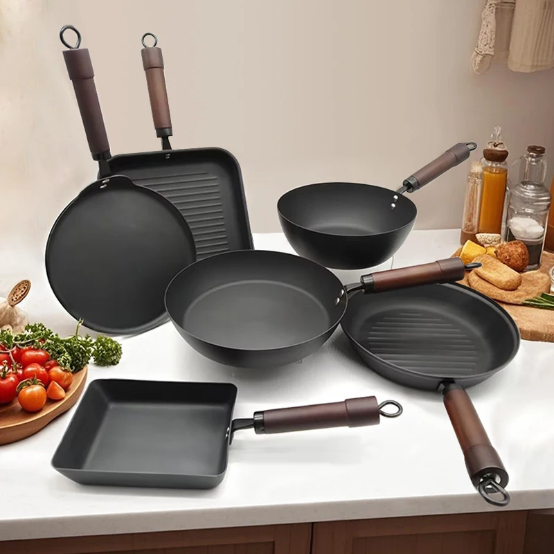 

Durability Preseason Carbon Steel 6-Piece Frying Pan Set Camping Pan for Restaurant Outdoor Kitchen Use